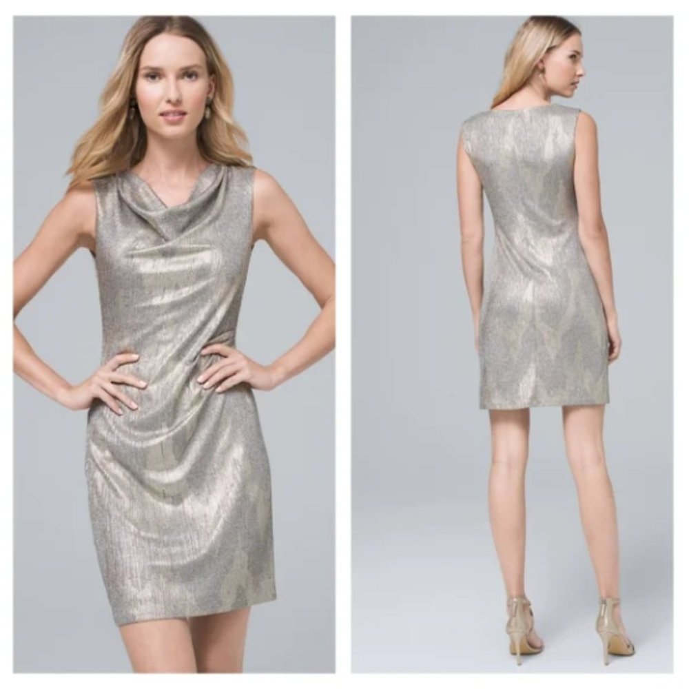 White House Black Market Metallic Draped-Neck Shift Dress Gold Size 6 NWT